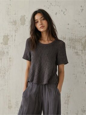 Raquel Allegra Short Sleeve Crochet Top - Charcoal Gray Hand Made